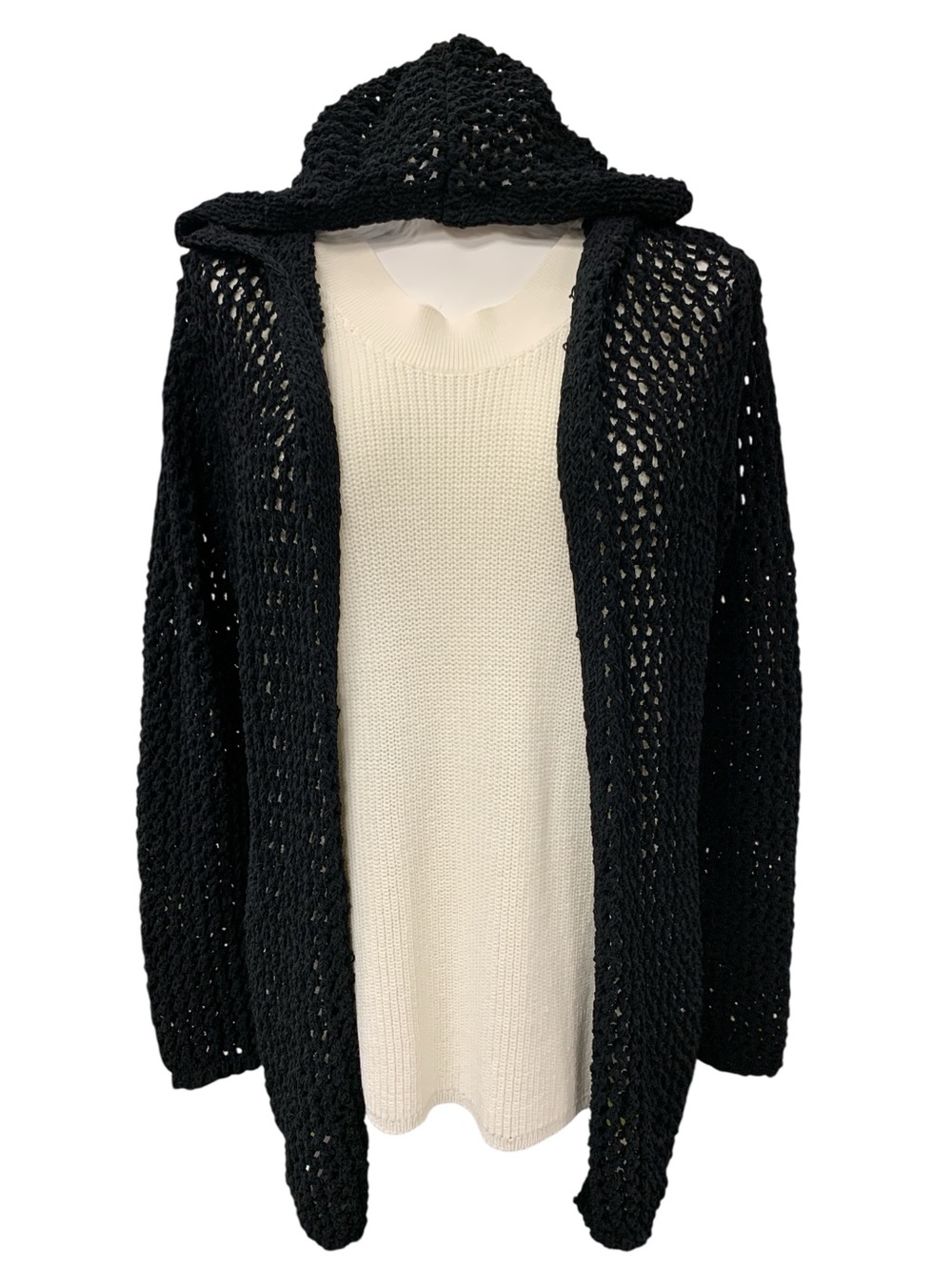 Black Open-Knit Hooded Cardigan Sweater